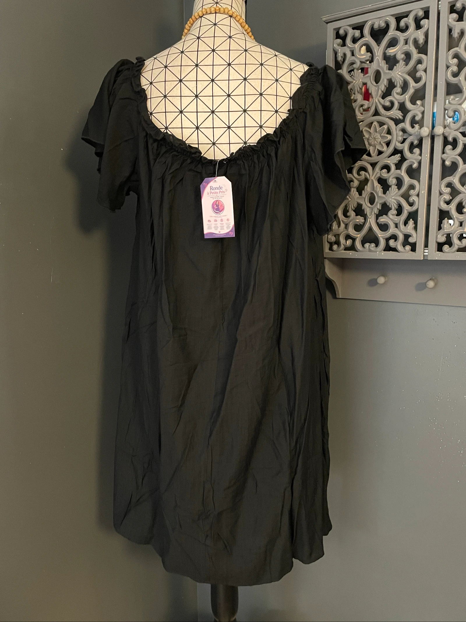 💖 vloeiende zwarte jurk met blote schouders, bohemien, grote maat 50, ruches mouwen 💖 – photo 6